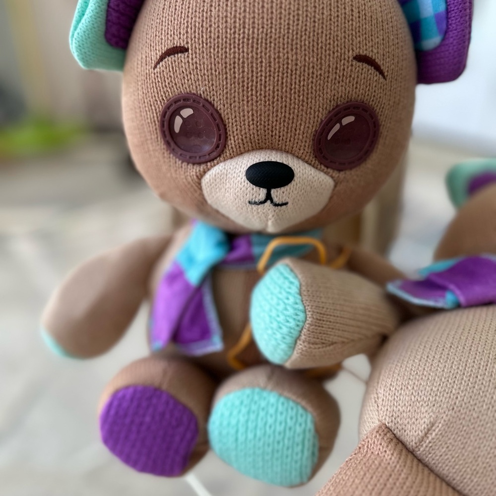 Adorable Plush “Thready” Bear Toy with Purple and Teal Accents